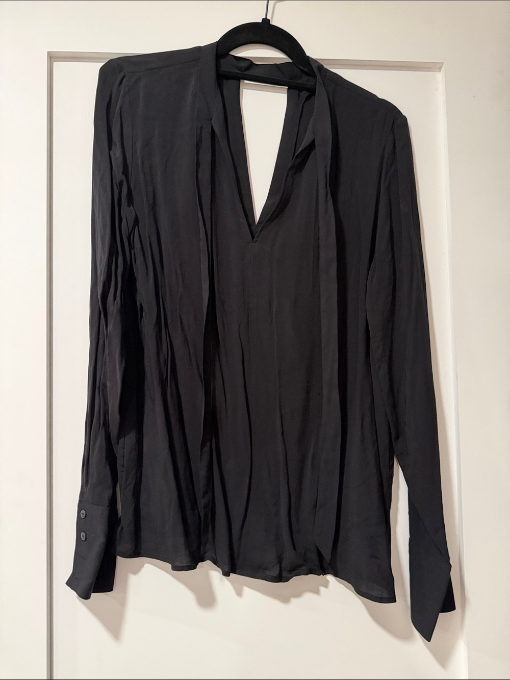 J Brand Black V-Neck Tie-Neck Long Sleeve Blouse